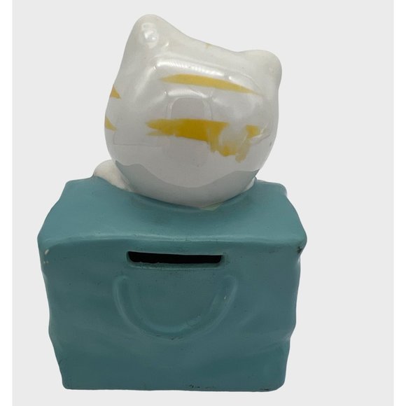 Ceramic Kitty Cat in a Shopping Bag Bank Blue, White & Yellow 4.5" Tall - Picture 2 of 6